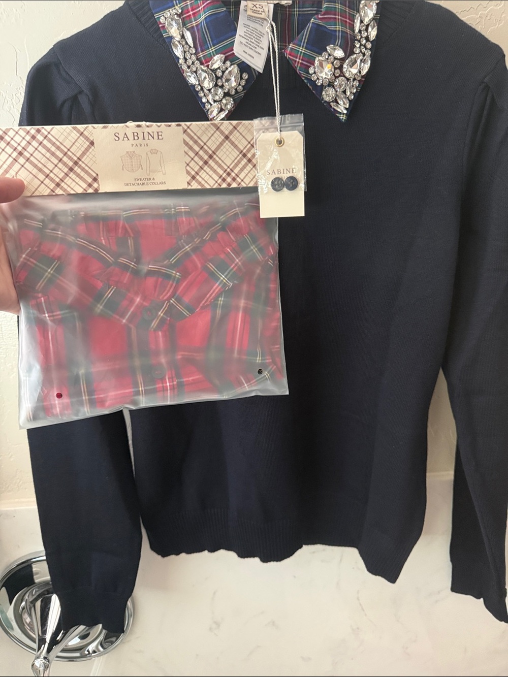 Sabine Navy Sweater with Detachable Red Plaid Collar